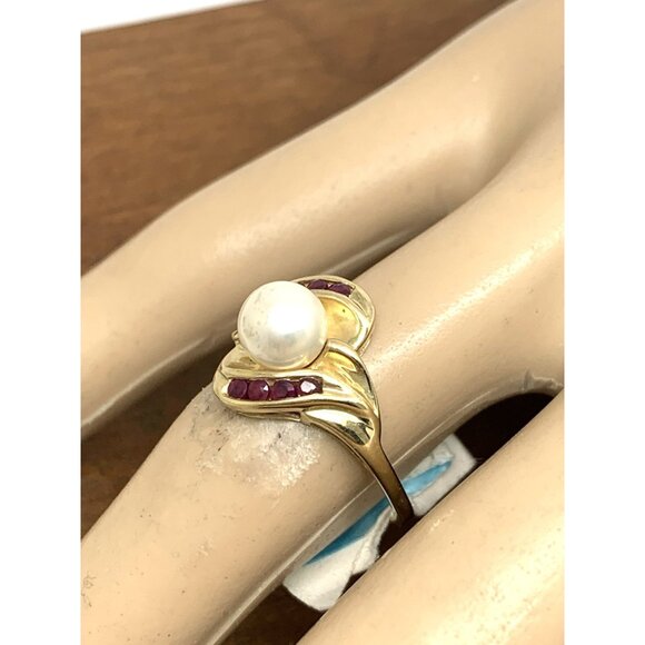 Pearl Red Gemstone Cocktail Ring 10k Yellow Gold Estate Jewelry Women's Size 7 - Picture 13 of 14